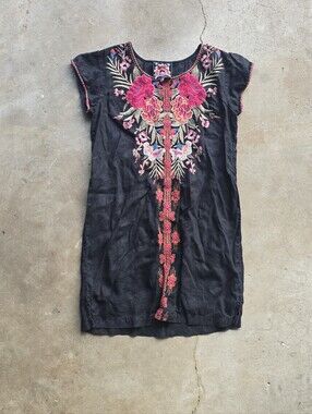 Johnny Was Linen Tunic Dress Black Embroidered Floral Sz Xs